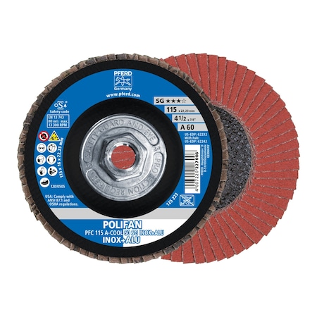 Pferd 4-1/2" x 5/8-11 Thd. POLIFAN Flap Disc - A-COOL SG INOX+ALU, Aluminum oxide, 60 Grit, Conical 62242